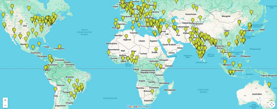 World Map Alumni TU Dortmund World map with pins of alumni countries of origin