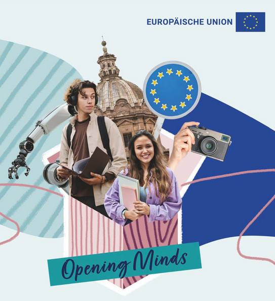 Erasmus+ Abenteuer Ausland The Text "Lust auf Abenteuer Ausland?" is shown underneath a collage of various European landmarks and two students and the EU flag (blue with golden stars in a circle)