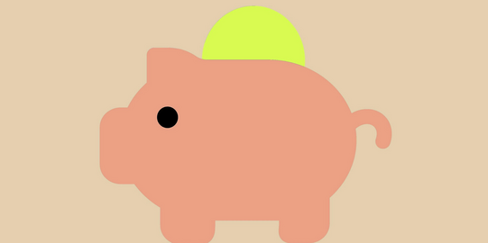 Ein minimalistisches, grafisches Bild eines rosa Sparschweins mit einem gelben Sparschlitz auf der Oberseite. Der Hintergrund ist in einem sanften Beige gehalten.