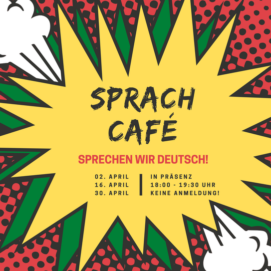 Explosionsblase in welcher die Daten der nächsten Sprachcafé-Treffen stehen