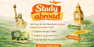 Englischkurs Auf dem Bild erkennt man eine Ausschreibung für einen neuen Kurs für Menschen, die ins Ausland gehen wollen. Links ist die Freiheitsstatue zu sehen und rechts ein paar Wegweiser.