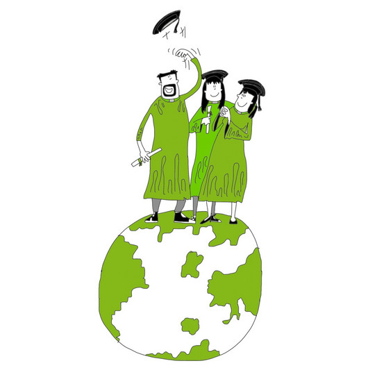 Illustration Alumni Drawn picture of graduates standing on a globe.