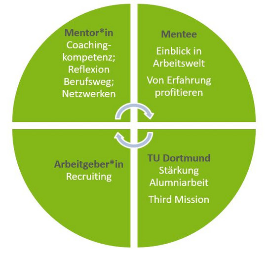 Win-Win Mentoring Illustration Win-Win Mentoring für Mentees, Mentoren, Arbeitgeber, Universität