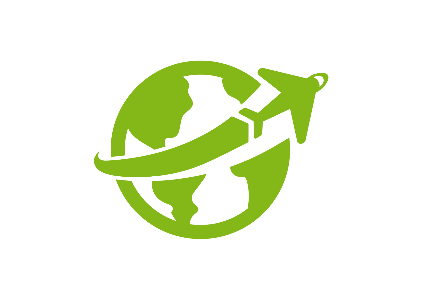 Anreise Eine Weltkugel mit überfliegendem Flugzeug (Icon, Piktogramm)