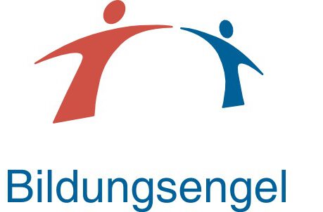 Bildungsengel e.V. Logo A logo on which two human figures in red and blue, holding each other by the hand